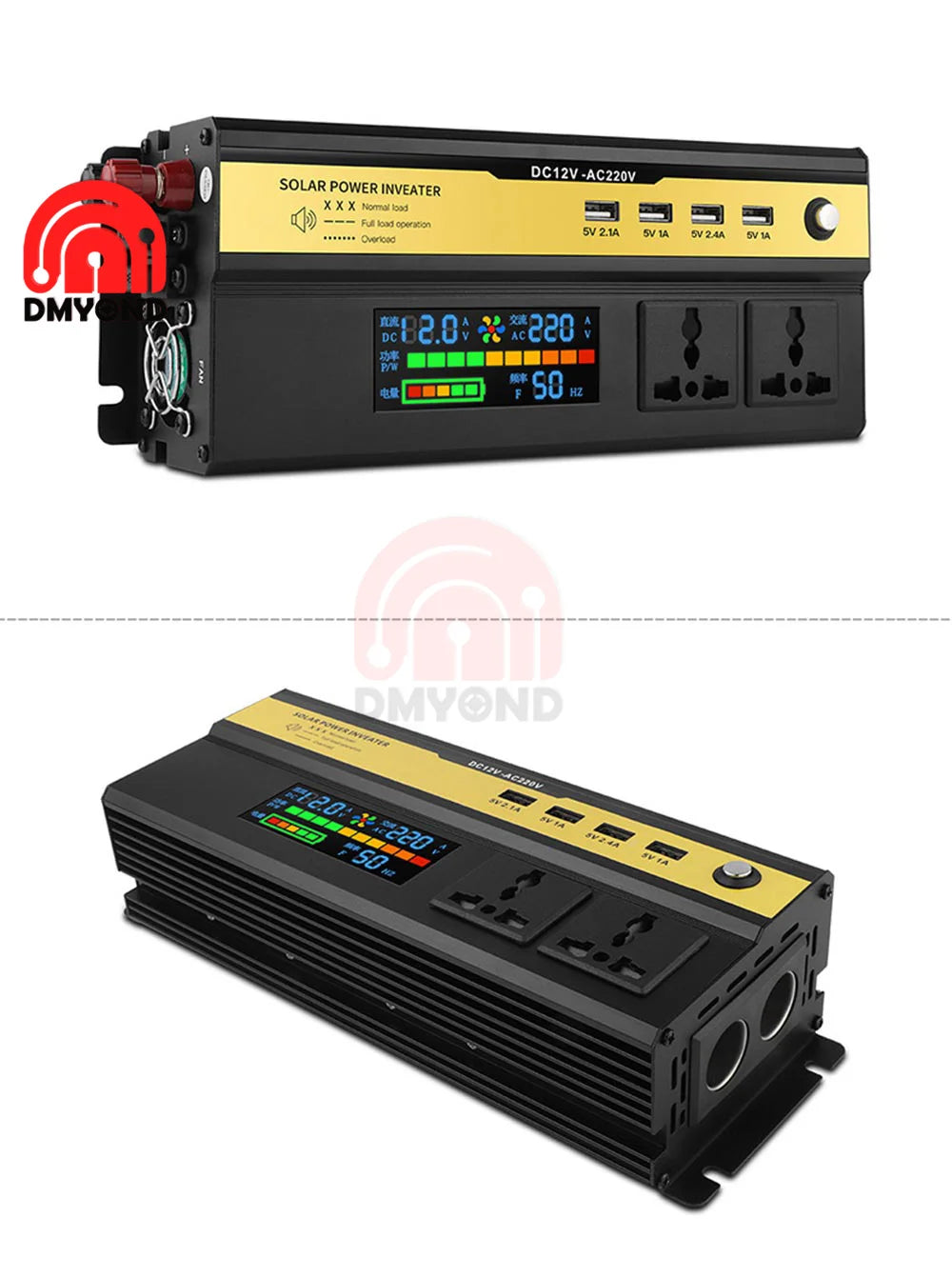 Inverter, Portable power bank converter with modified sine wave, DC input 12V, AC output 220V, and various power options.