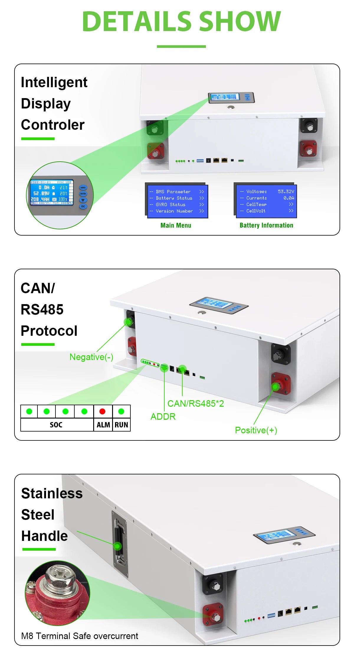 48V 200Ah Powerwall - 10Kwh LiFePO4 Battery, Intelligent battery control with real-time monitoring, details include capacity and status.