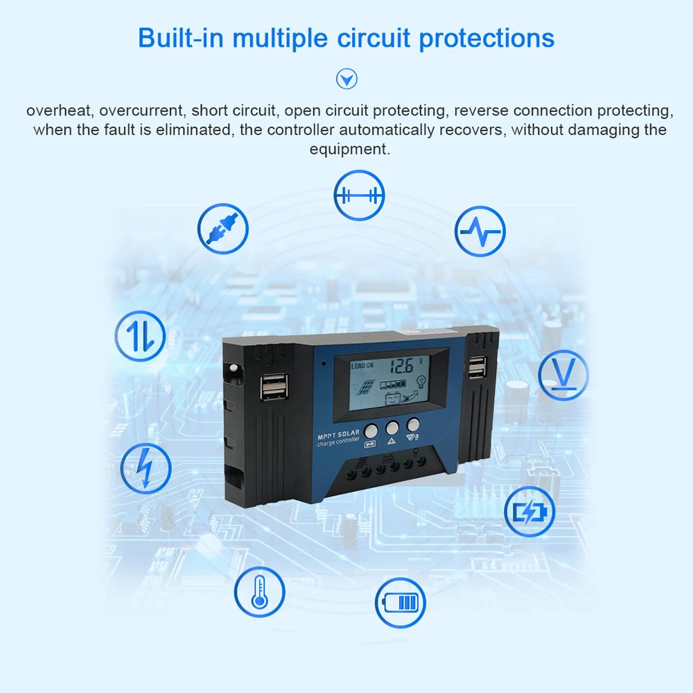 30A/40A/50A/60A/100A MPPT Solar Charge Controller, Advanced safety features protect against overheating, overcurrent, short circuits and more.