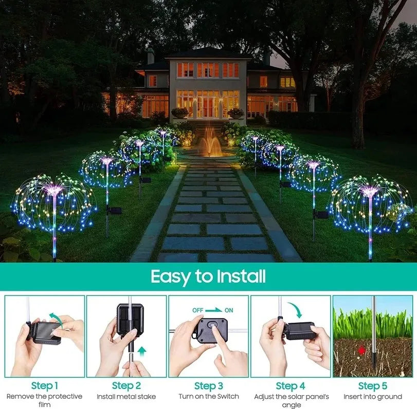 Solar String Firework Light, Easy installation: simply remove film, stake, adjust angle, and turn on.