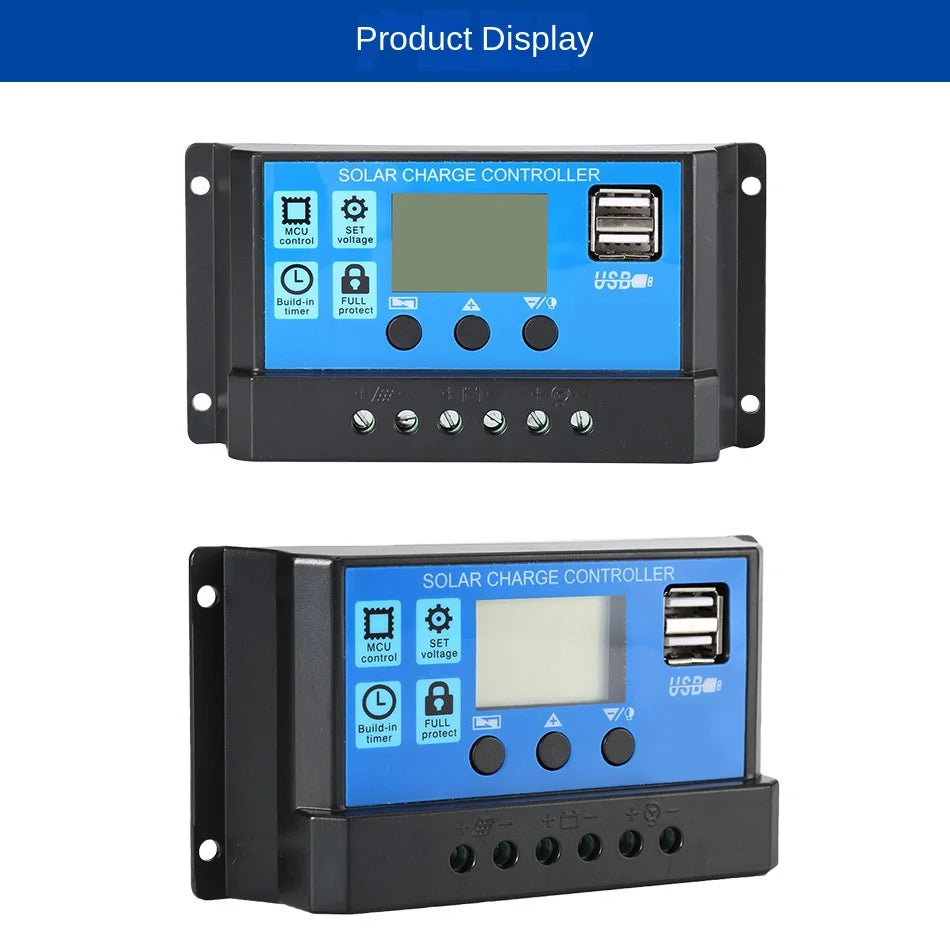 Solar charger controller with MCU and full-wave protection regulates 12V/24V batteries via intelligent PWM control.