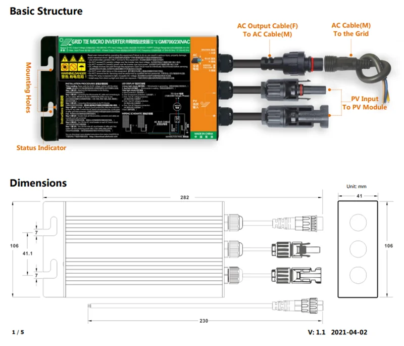 DC-DC micro inverter converts solar power to AC output, with MPPT tracking and indicator.
