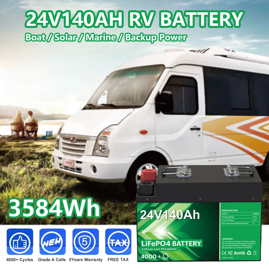 24V 140Ah 100Ah LiFePO4 Battery, 24V 140Ah lithium-ion rechargeable battery pack with BMS for RV/boat/solar applications.