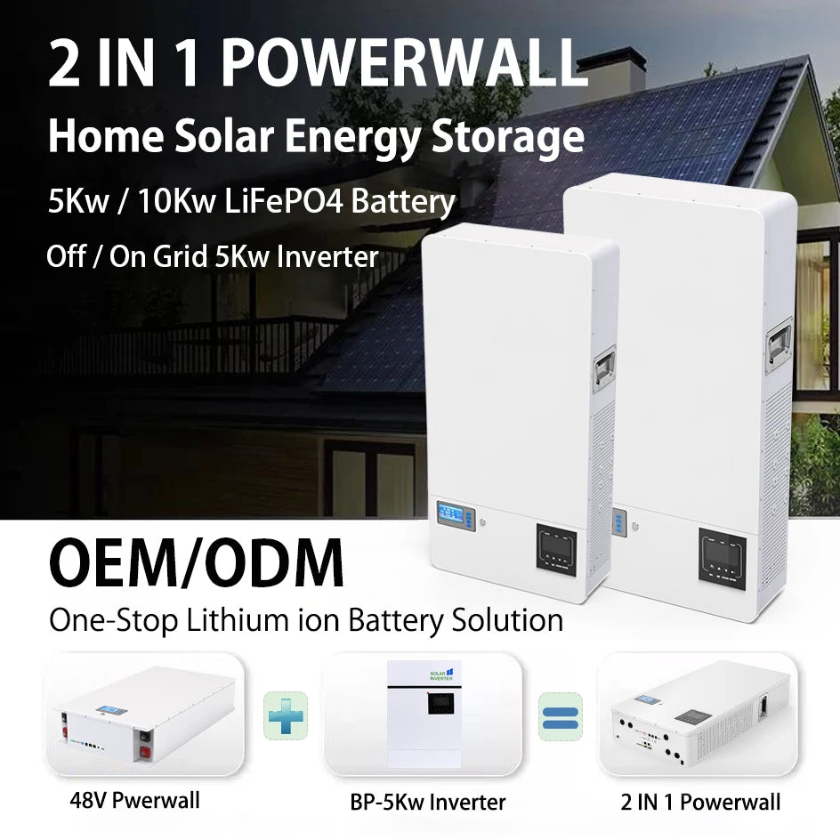 48V Powerwall LiFePO4 51.2V 100Ah 200Ah Battery, Powerwall 2IN1: Solar energy storage & off-grid capabilities in one unit with LiFePO4 battery tech.