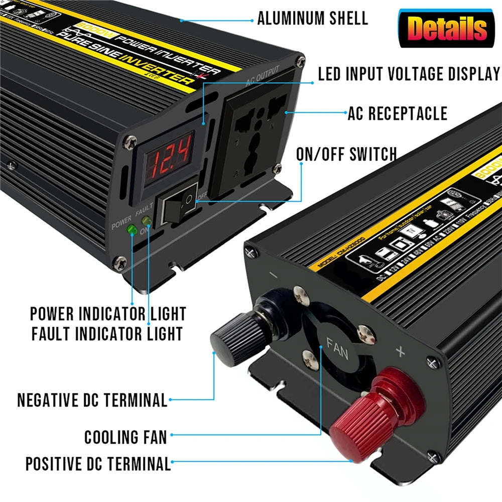 Pure sine wave power inverter with LED display and multiple terminals.