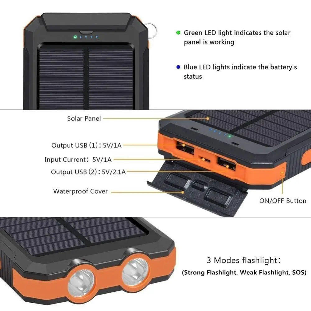 Solar power bank with LED indicators for solar status and battery level, plus flashlight modes.