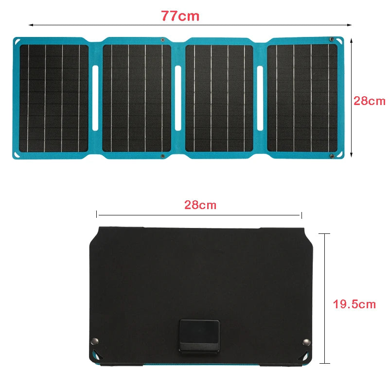 ETFE 18V 28W Foldable Solar Panel, Regulated output, intelligent chip controls USB 2.0, ensures consistent 5V power for safe equipment operation.