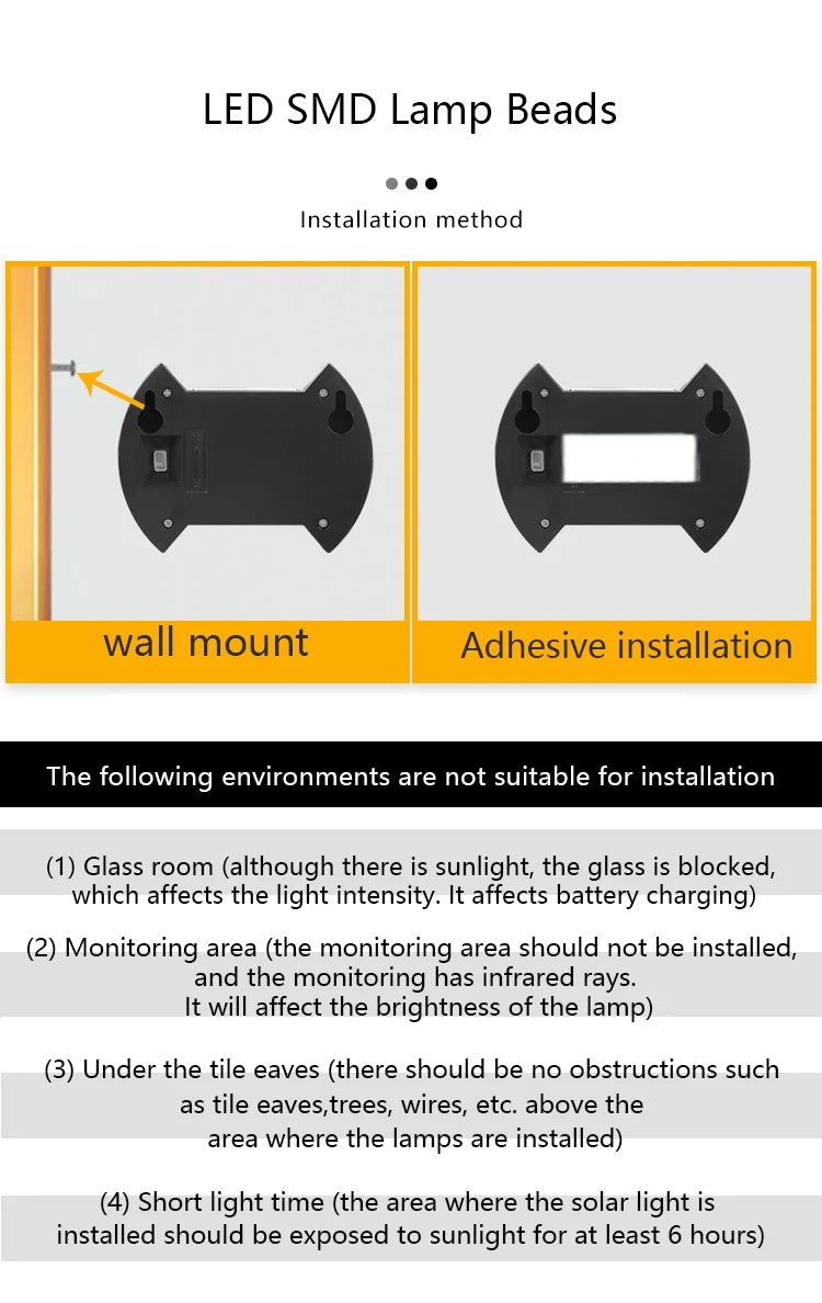 Install LED SMD lamp beads with adhesive, avoiding glass and infrared areas, and ensuring direct sunlight (6+ hours) and obstruction-free space.