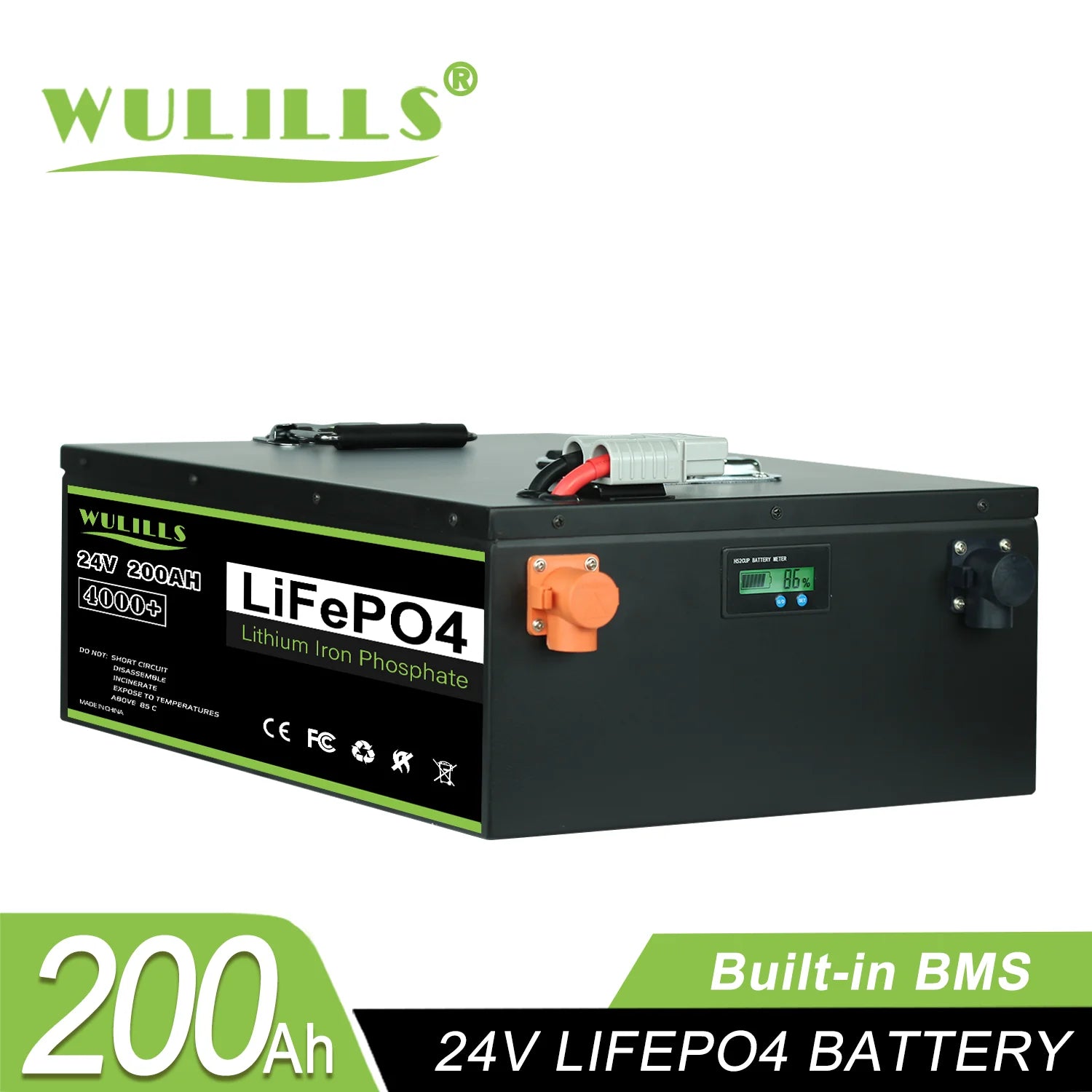 LiFePO4 battery pack with built-in BMS for safety; avoid overheating/short circuits/disassembly.