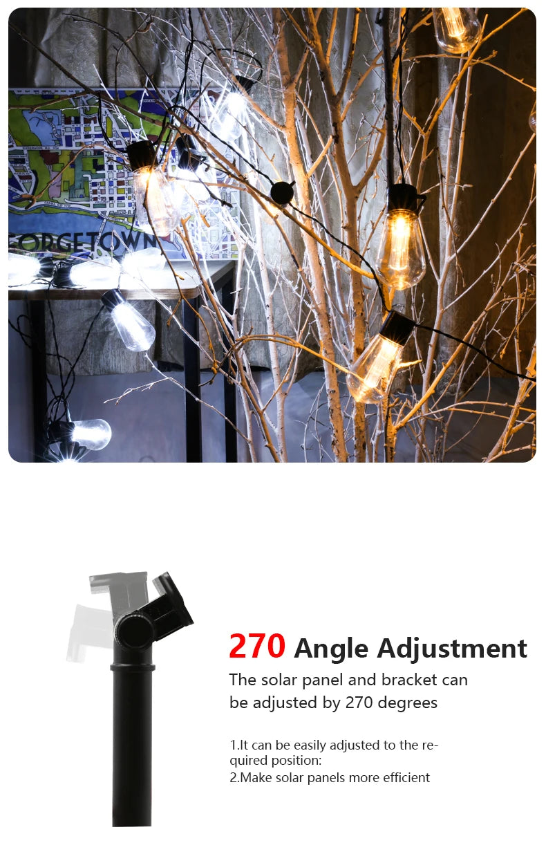 LED Solar String Light, Adjustable solar panel for easy positioning, maximizing energy absorption and efficiency.