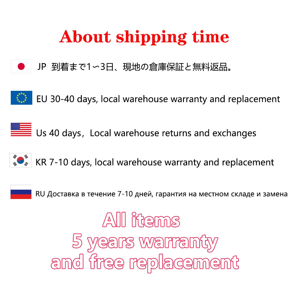 LiFePo4 Battery, Shipping times and warranties vary by region, including Japan, EU, US, KR, and RU.