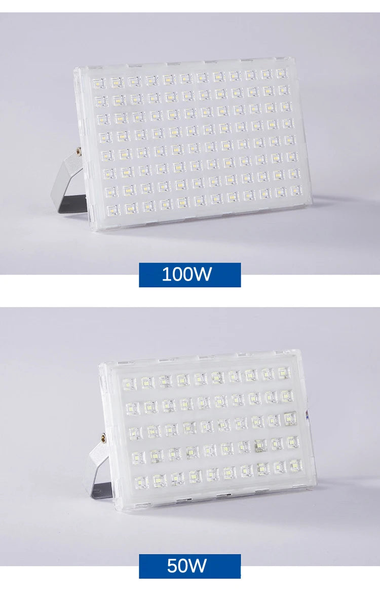 Square LED flood light, Modern outdoor flood light with LED bulbs, IP66 protection, and AC power.