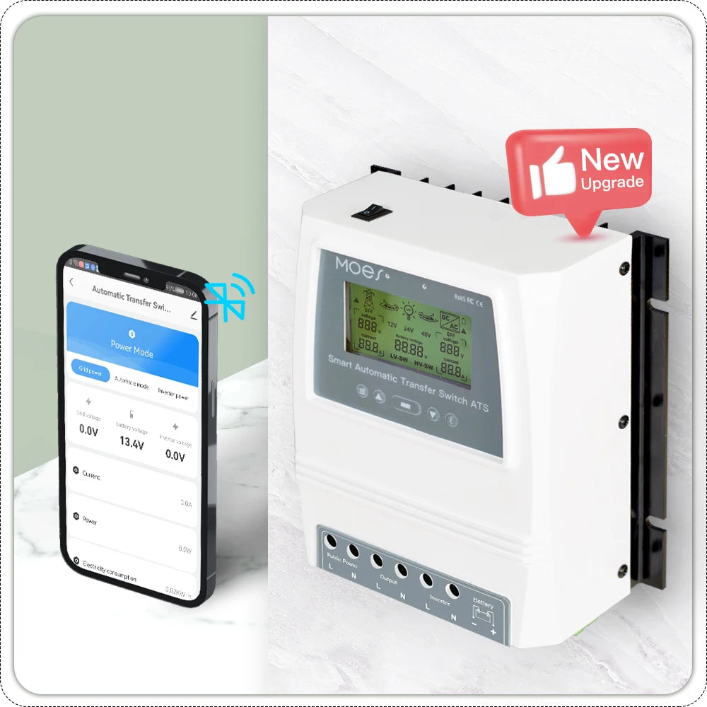 MOES Smart Dual Power Controller, Automatic battery switch for inverters, switching between supplies at a preset level.