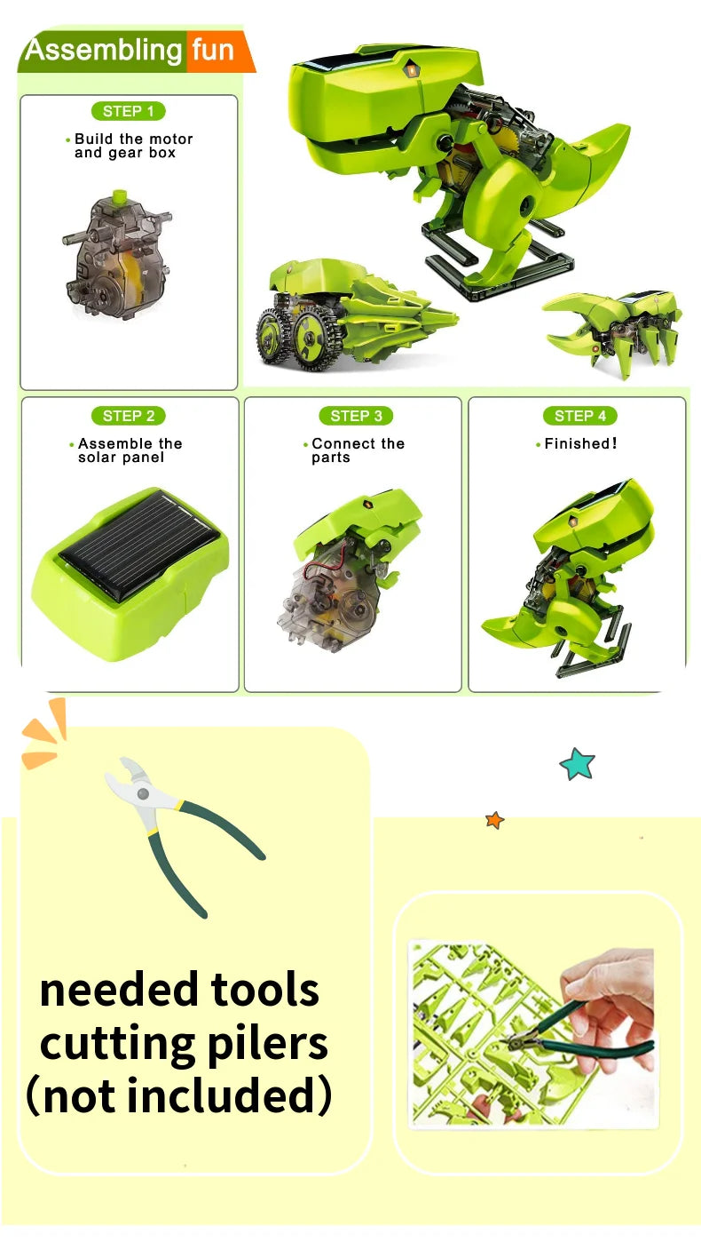 Robot building kit: assemble motor, gears, and solar panel with basic tools; easy steps for a fun learning experience.