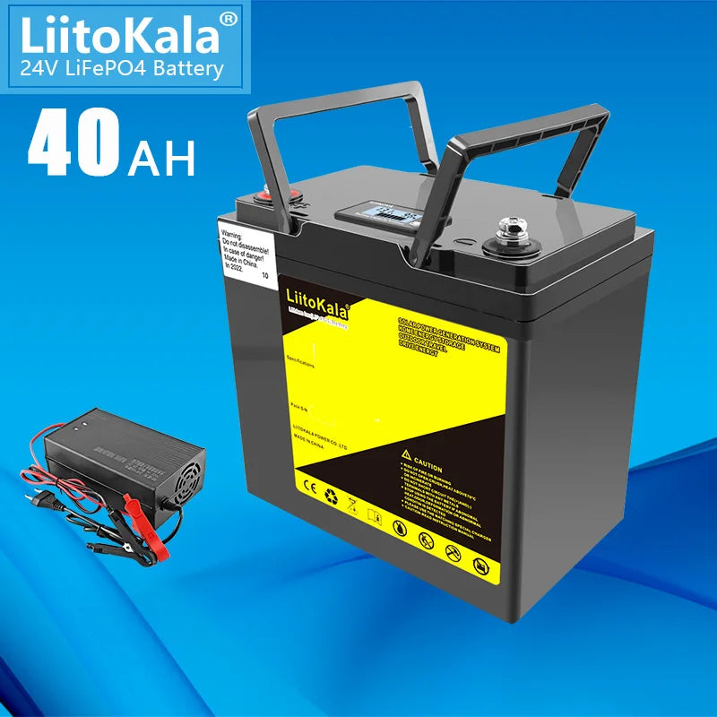 LiitoKala 24V 30Ah 40Ah lifepo4 battery, Deep cycle battery for RVs, golf carts, and off-grid systems, offering 30-40 Ah capacity.