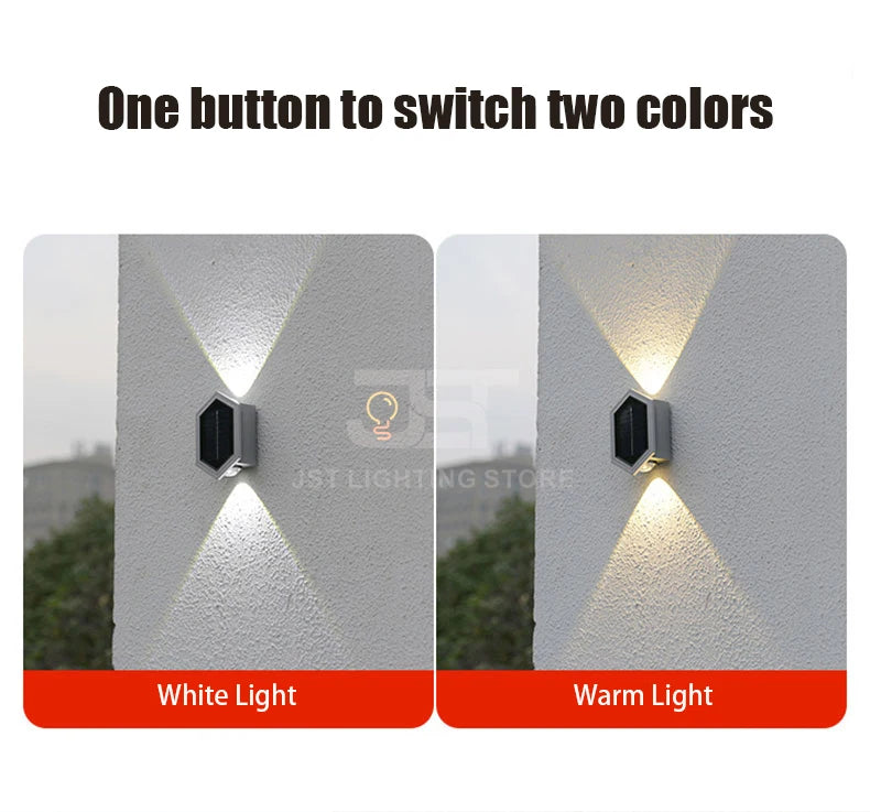 Strong Brightness Solar LED Wall Light, Instantly switch between warm white light and cool bright white light with the touch of one button.