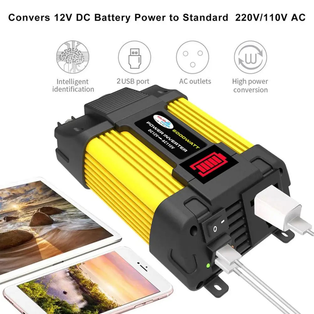 6000W Vehicle Power Pure Sine Wave Inverter, Power converter with USB ports and AC outlets for charging devices from a 12V DC battery.