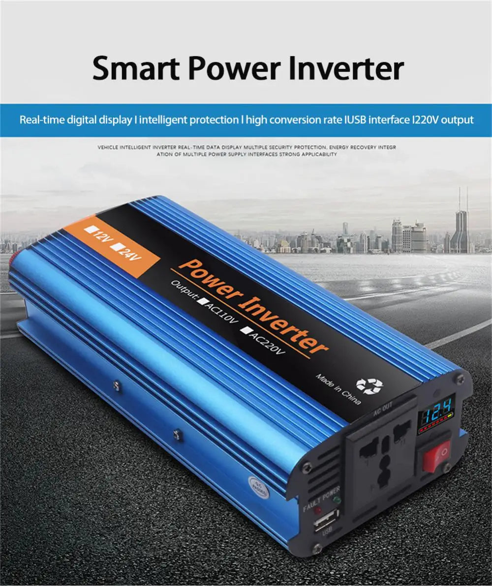 Smart solar inverter with digital display, multiple safety features, and compact design for easy portability.