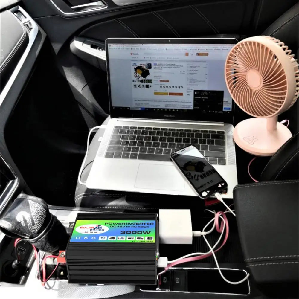 3000W Peak Solar Car Power Inverter, Converts 12V DC power to 220V AC, with USB adapter and LCD display.