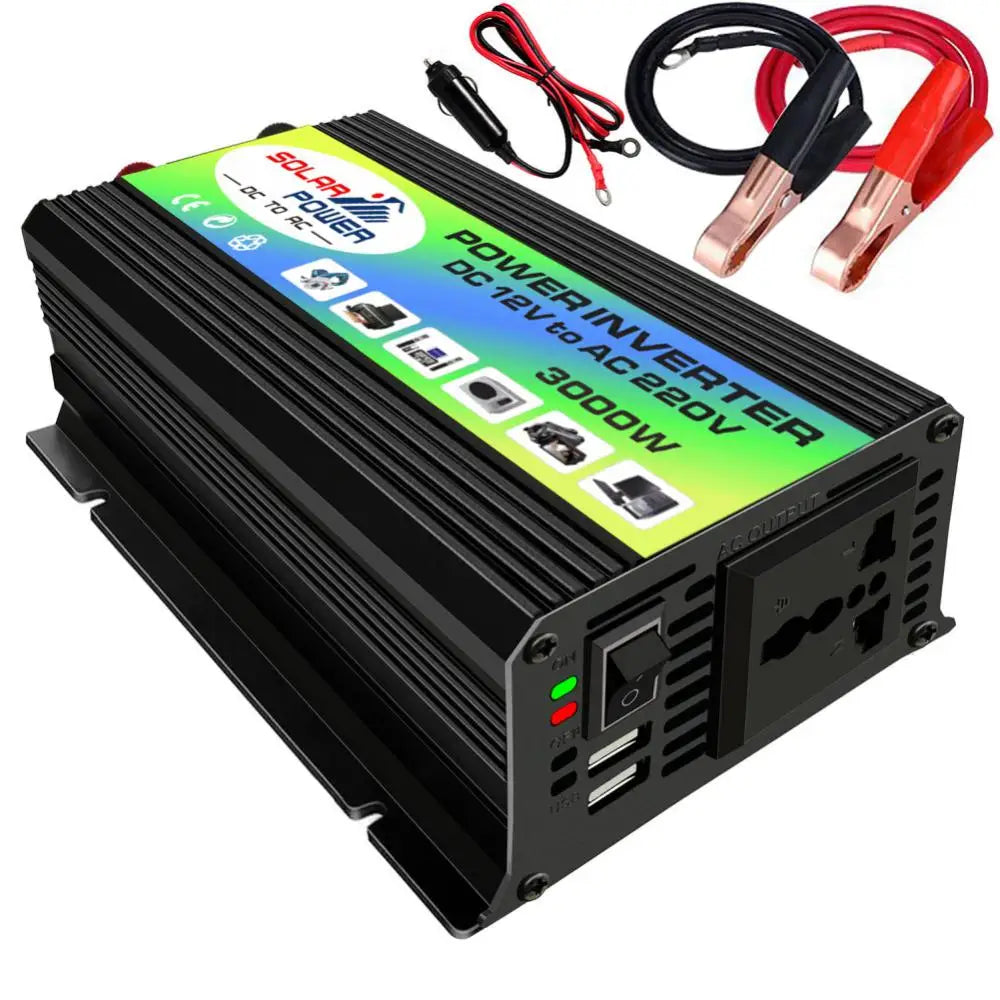 Car Inverter, Portable solar-powered inverter converts DC power to AC, charges devices via EU socket and USB ports.