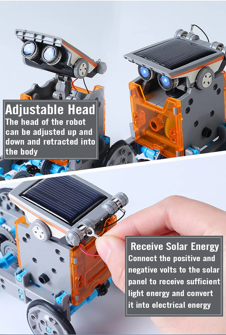 12 in 1 Science Experiment Solar Robot Toy, Adjustable head with solar panel conversion capabilities, ideal for outdoor use.