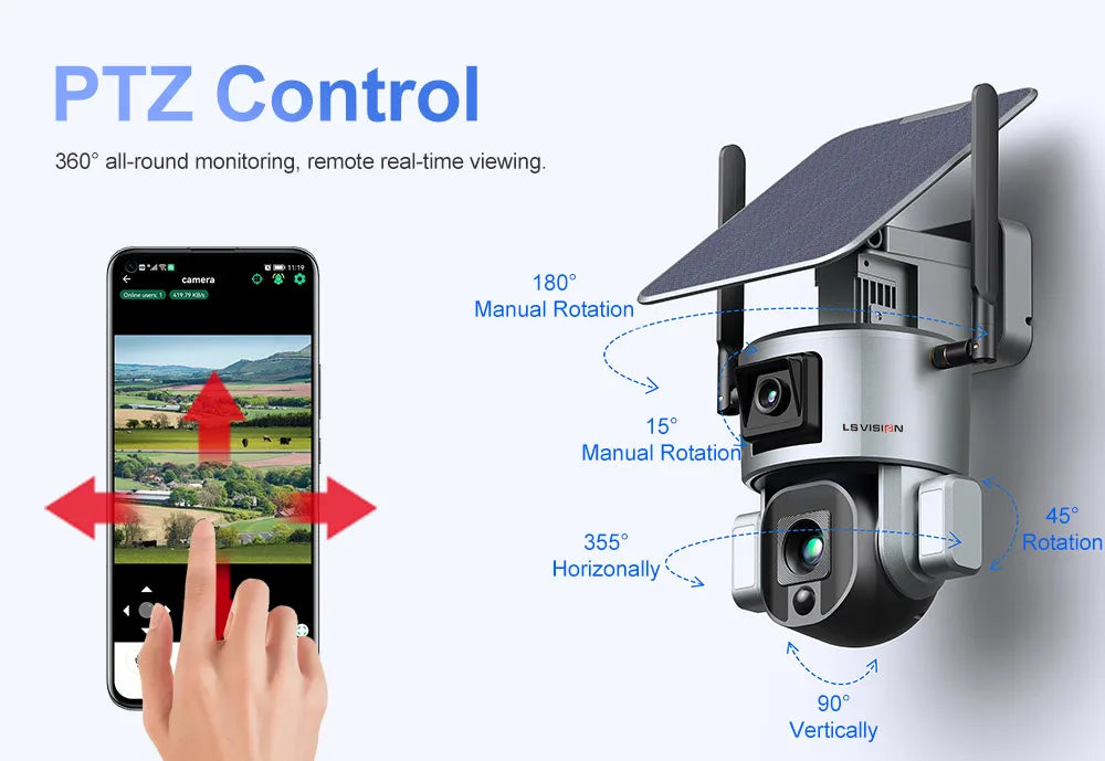 LS VISION LS-MS1-10X Solar Camera, Pan and tilt camera control with 360° view, remote viewing, and adjustable angles.