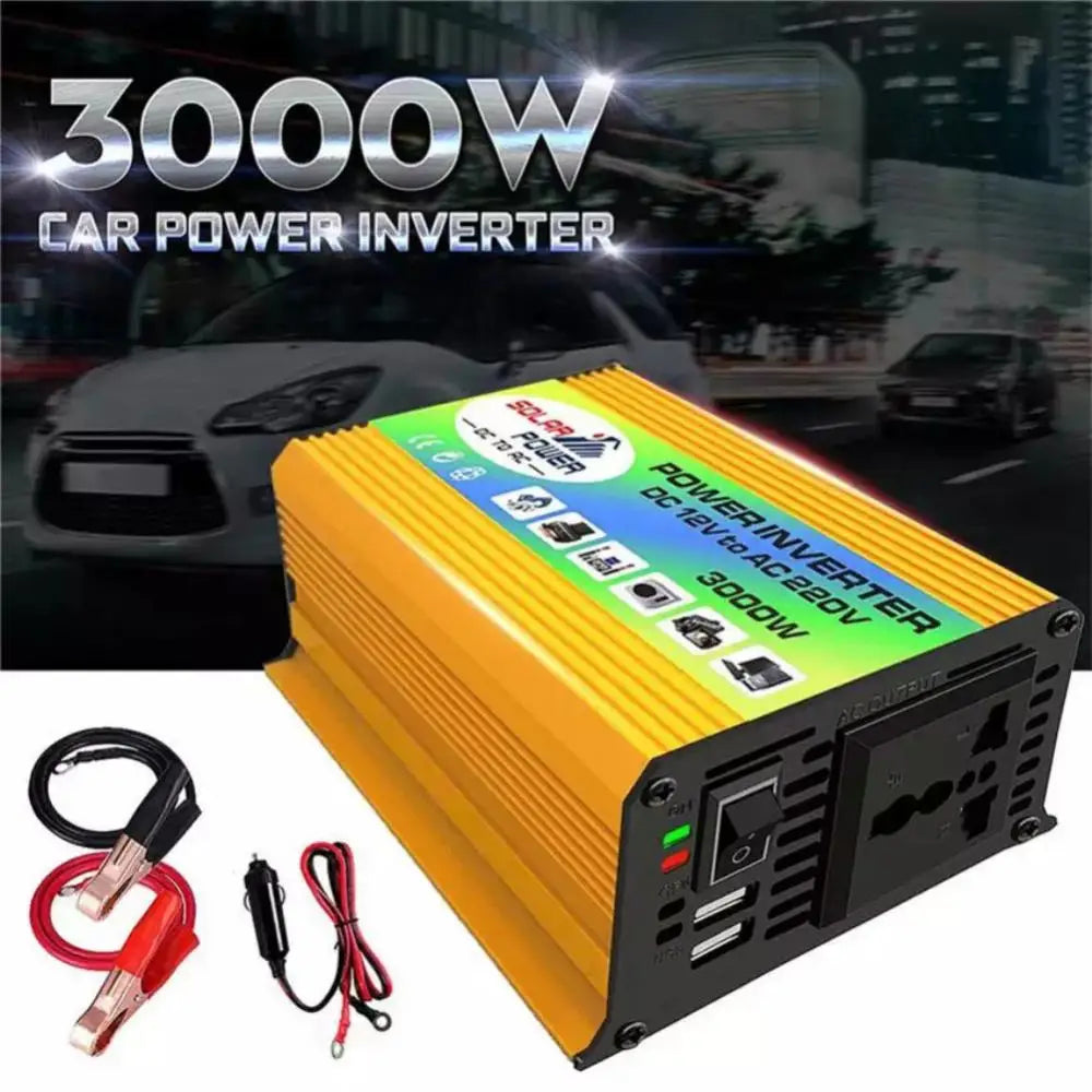 Car Inverter, Power inverter converts 12V DC to 220V AC with USB and EU ports, suitable for solar-powered vehicles and camping.
