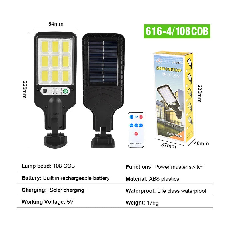 Solar Street Light, Solar-powered street light with waterproof design, rechargeable battery, and adjustable lighting.