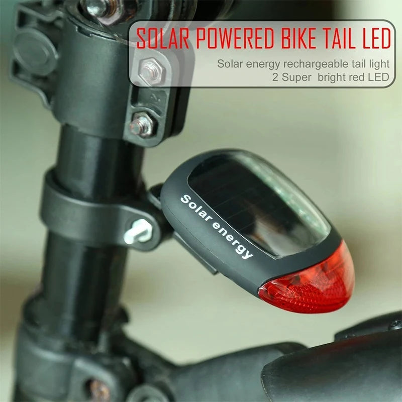 Bicycle 2 LED Taillight, Solar-powered bike tail light with bright LED and rechargeable feature for enhanced cyclist visibility.