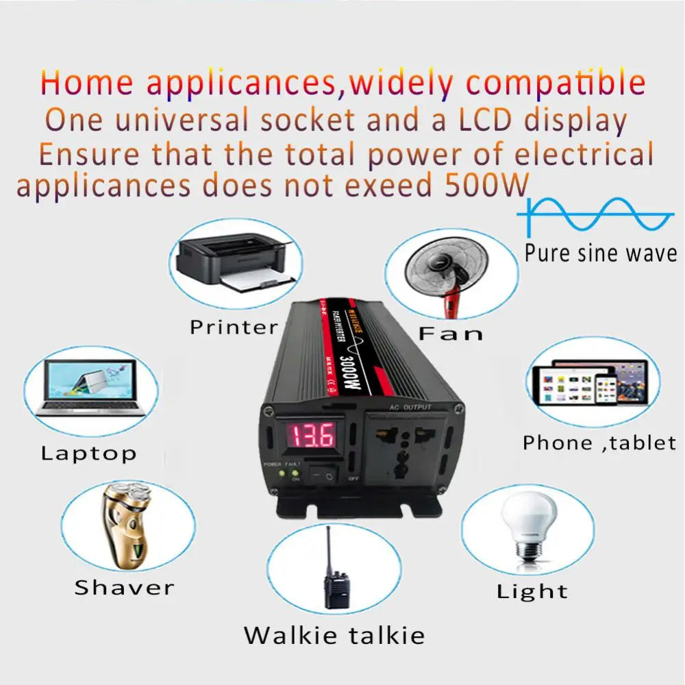 3000W Inverter, Inverter for home appliances with universal socket and LCD display, suitable for low-power devices.