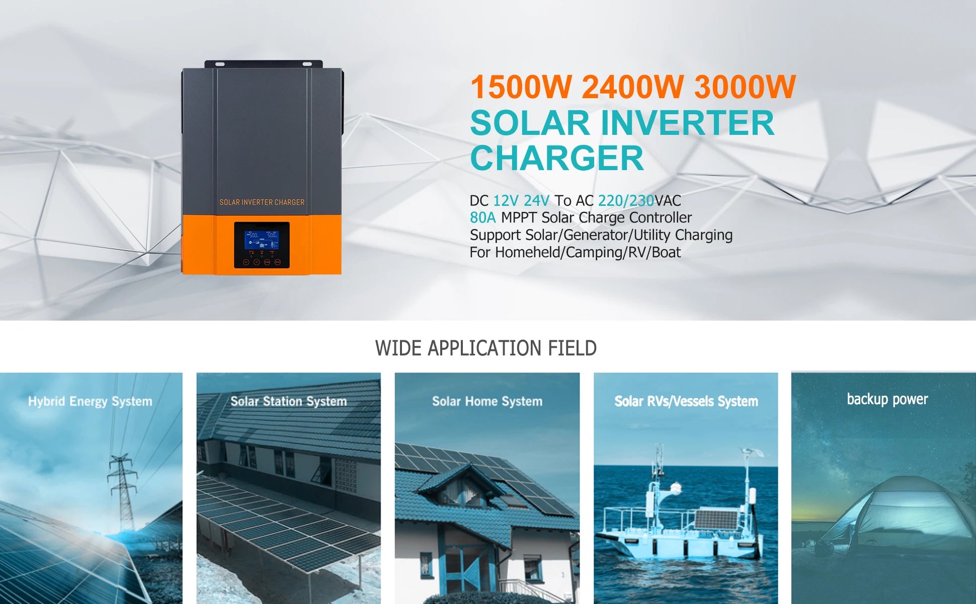 MPPT 80A Solar Charger: 1.5-3KW pure sine wave inverter with WiFi, suitable for home, camping, RV, and boat use.