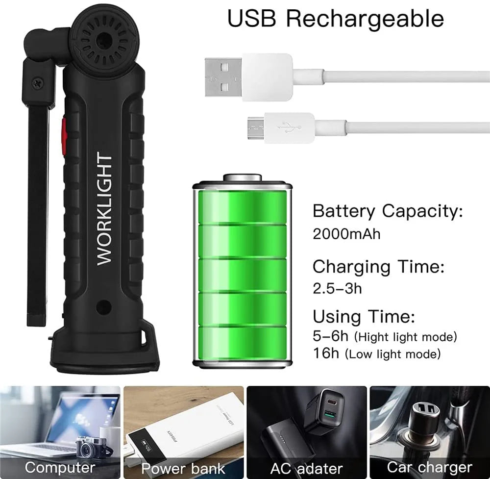 New Portable COB LED Flashlight, Rechargeable LED flashlight with 18-hour battery life, USB charging, and adjustable brightness modes.