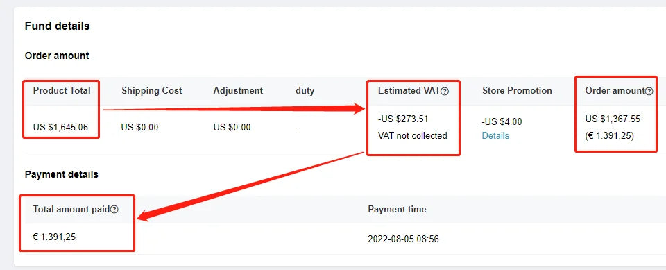 Order Summary: $5273.51 total with shipping and duties; paid on August 5, 2022.