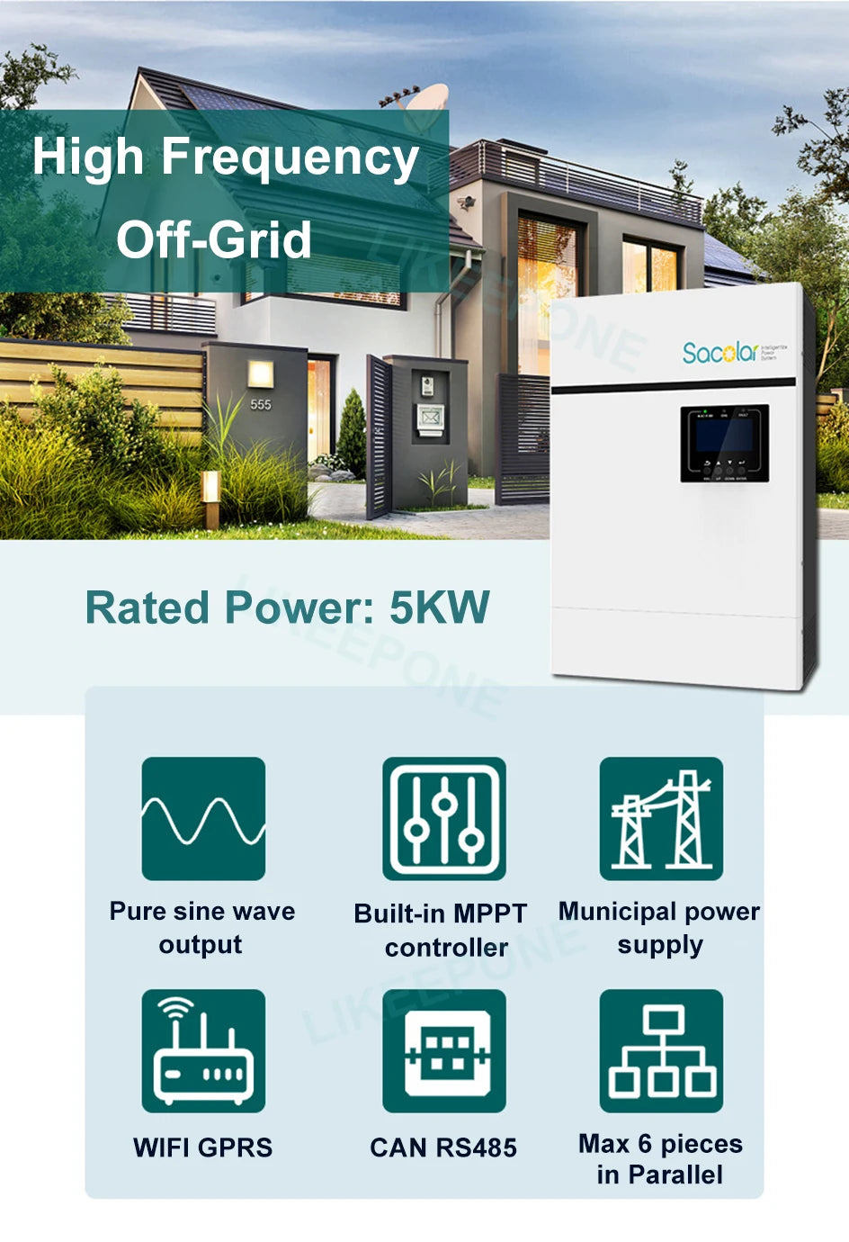 New 48V 5Kw 3.5Kw Inverter, Off-grid solar system with advanced features like Wi-Fi/GPRS connectivity and parallel connections.