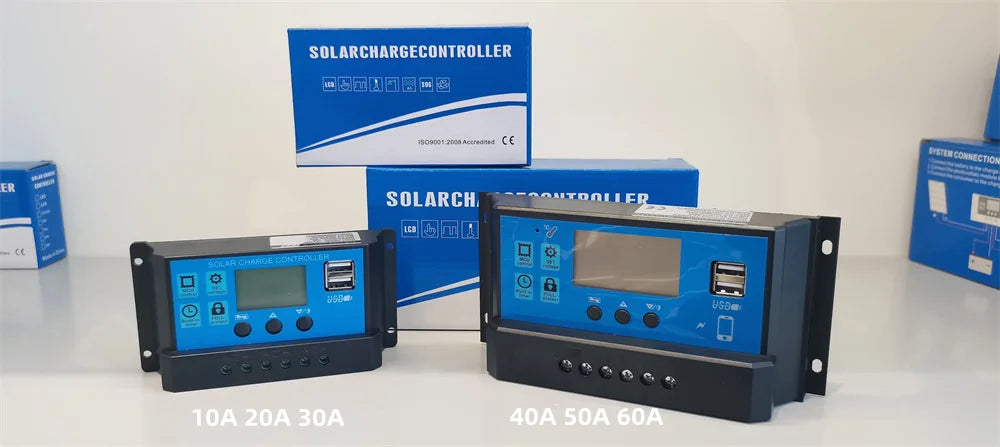 Upgraded 10A 20A 30A Solar Controller, Upgrade solar controller for auto-powered systems with PWM charging, LCD display, and adjustable current.