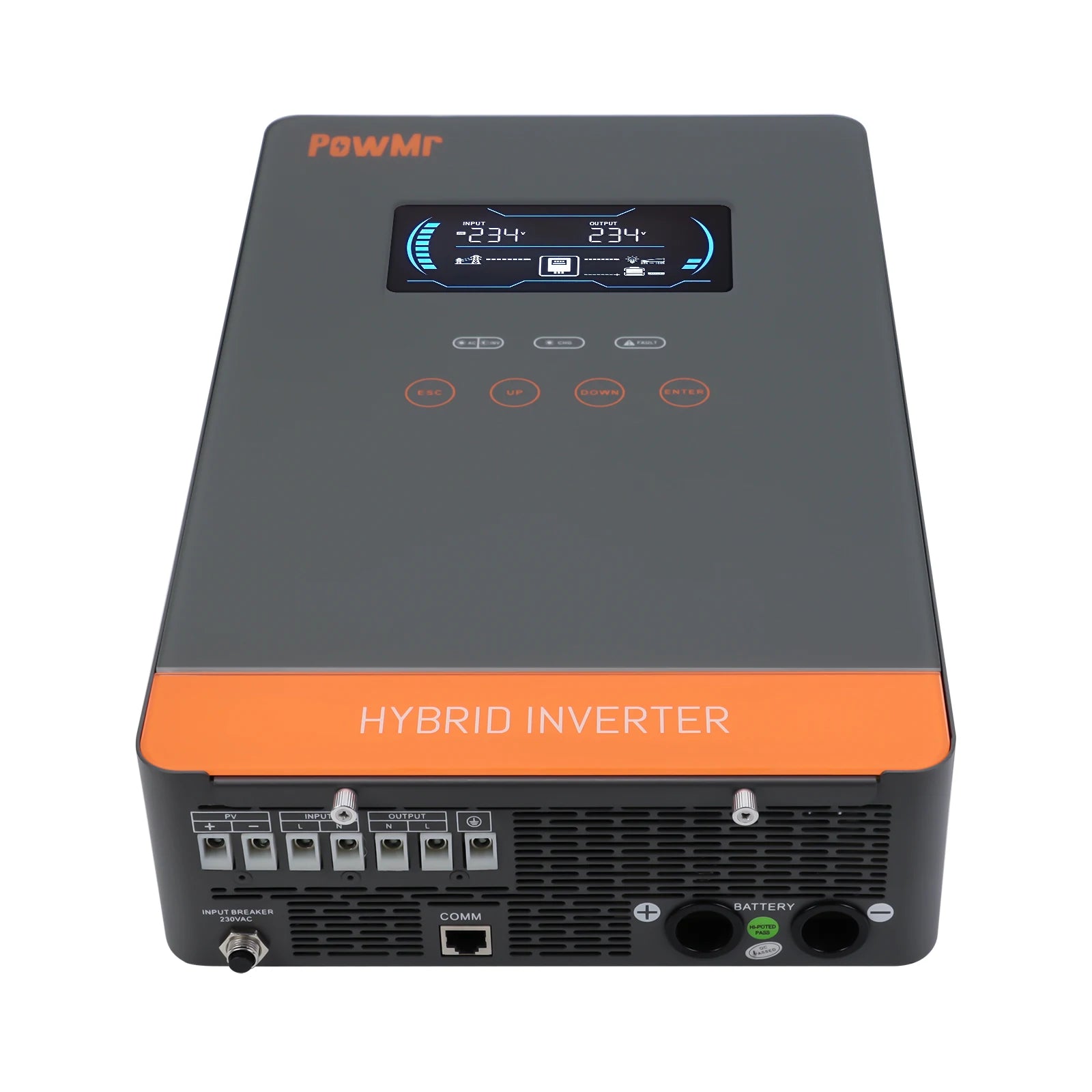 4.5KW 24V 230V MPPT 150A Solar Inverter, PowerMax hybrid inverter with 230V output, 24V input, and LCD screen for monitoring.