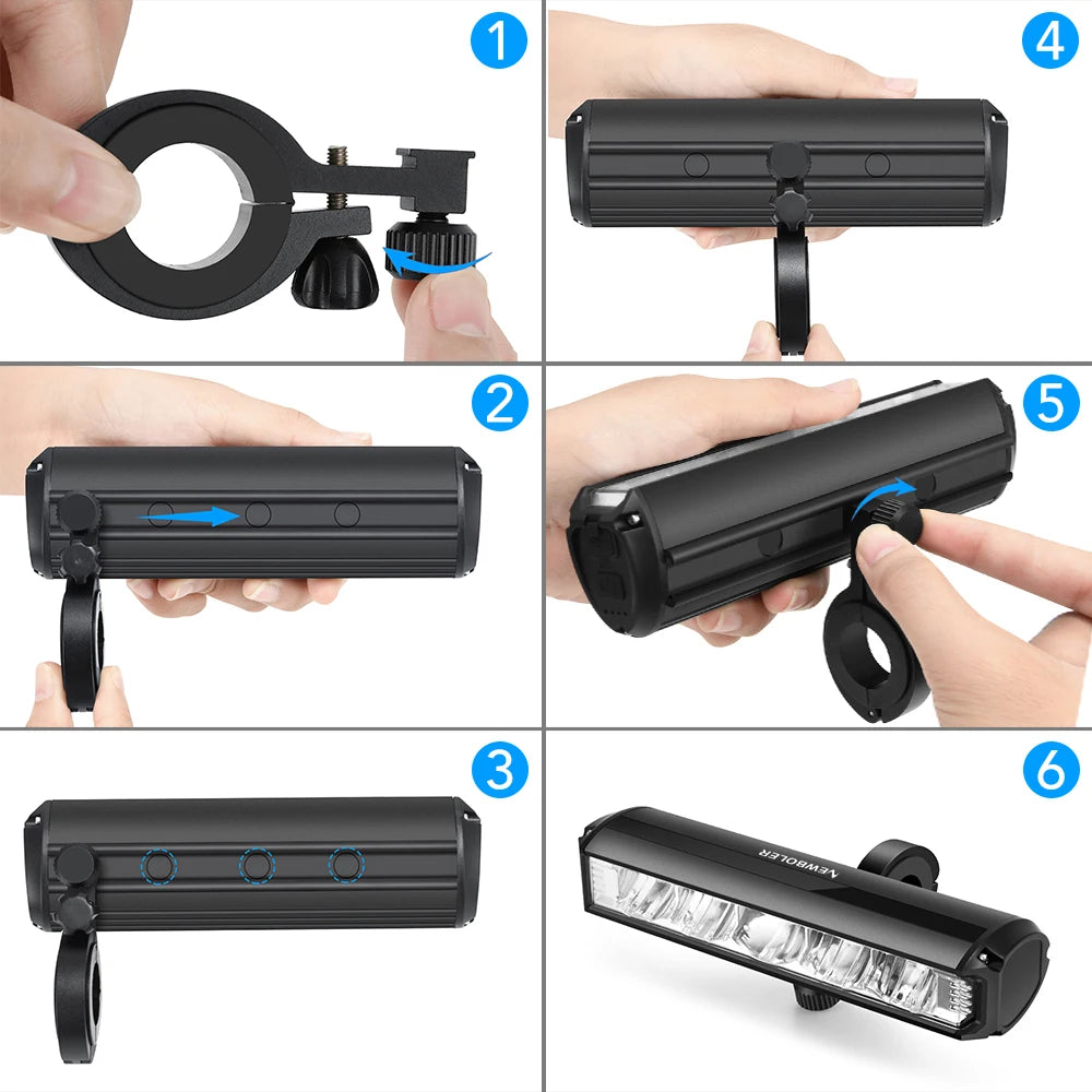 NEWBOLER EOS640 Bicycle Light, Rechargeable flashlight with built-in battery and USB port, featuring a high-low beam toggle.