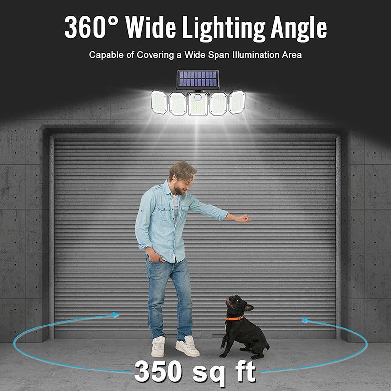 5 Heads Solar 300 LED Light, Provides complete illumination over large areas (up to 350 sq ft) with 360-degree light coverage.