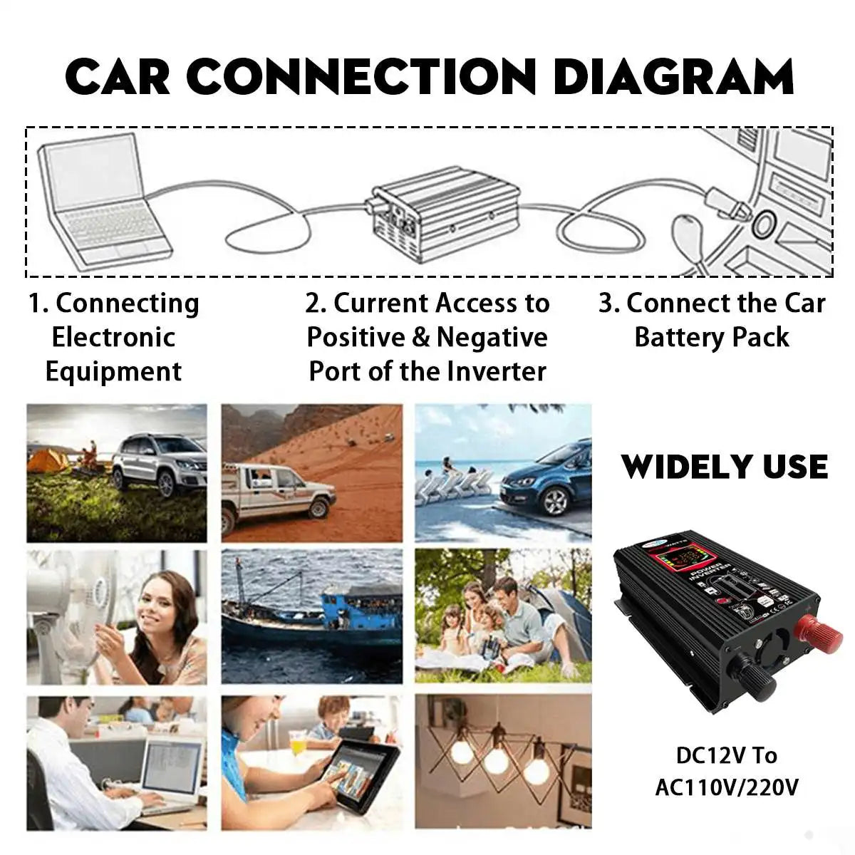Connect car battery to inverter for converting DC power to AC power.