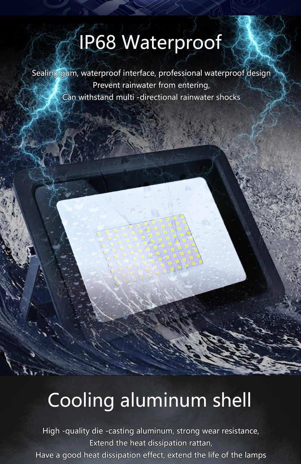 LED Flood Light, Water-resistant design for outdoor use, with aluminum shell and heat dissipation to extend lamp life.