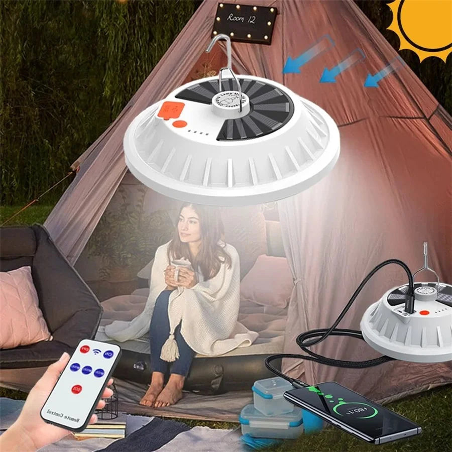 120LED Portable Solar Camping Light, Portable solar-powered camping light with 120 LEDs, waterproof, and rechargeable via USB for outdoor adventures.