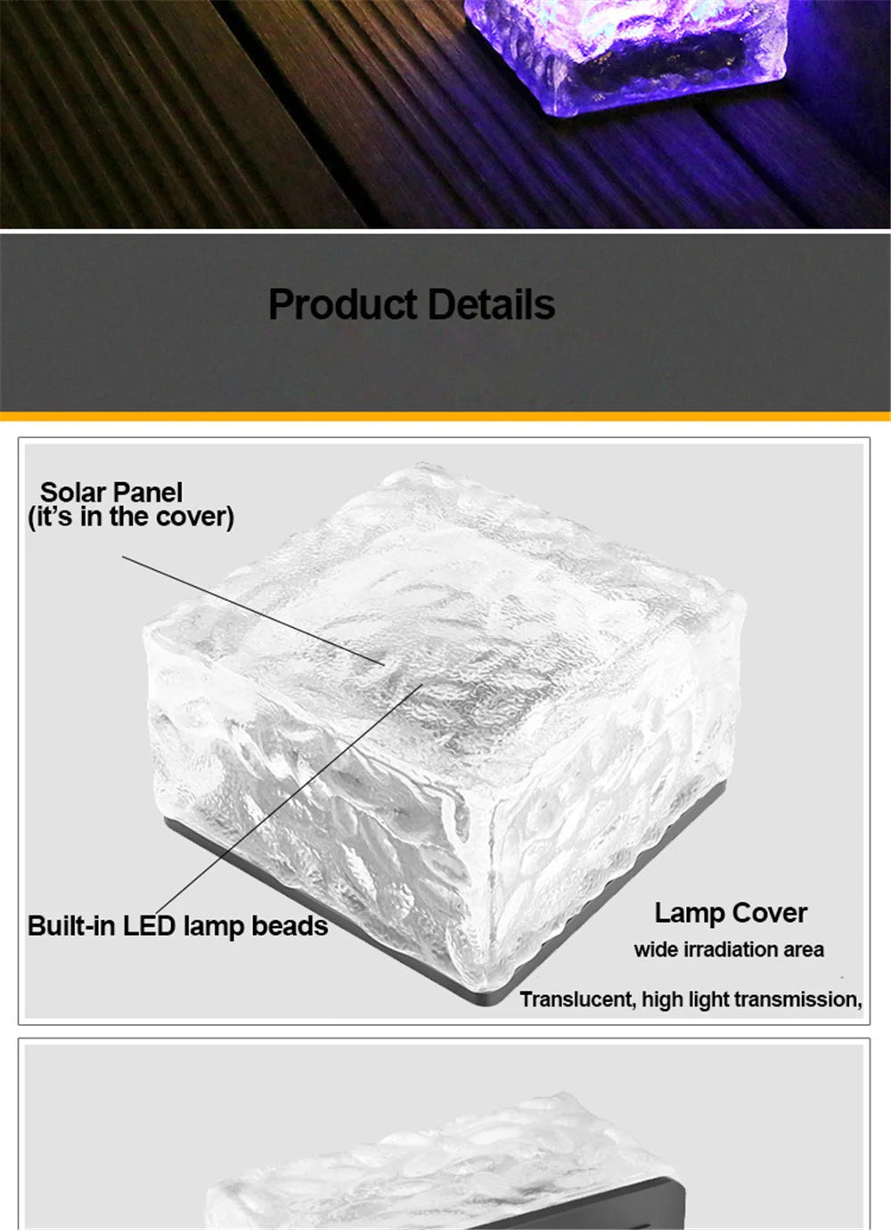 Solar Brick Ice Cube Light, Solar-powered LED lamp with built-in beads for broad irradiation, featuring a translucent cover for optimal light transmission.