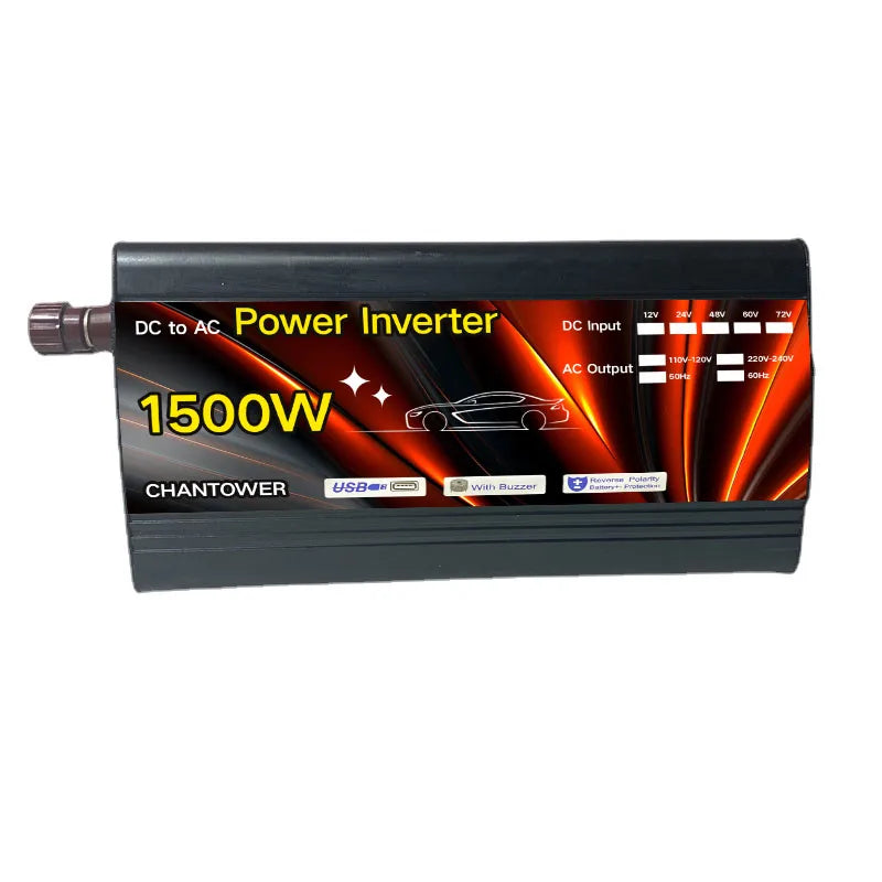 Solar Inverter, DC-to-AC converter outputs 220V AC power from 12V DC input, suitable for charging devices and appliances up to 1000W.