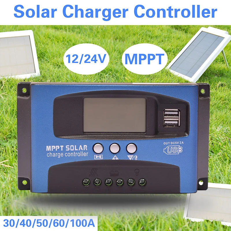 30/40/50/60/100A MPPT Solar Charge Controller, Solar charge controller with LCD display, 12V/24V input, dual USB ports, and auto shut-off for safe charging.