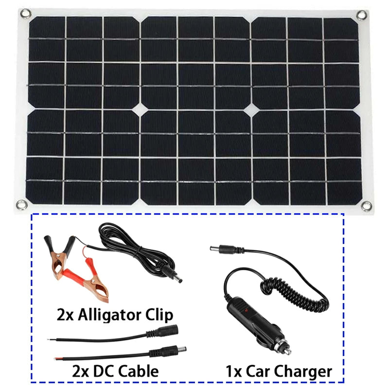 Solar panel kit with alligator clips and DC cables for charging car batteries.