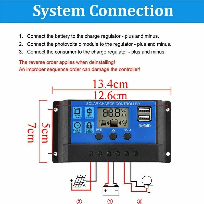 50W Solar Panel, Properly install solar panel system: connect battery to regulator (+) first, then module, and finally consumer.