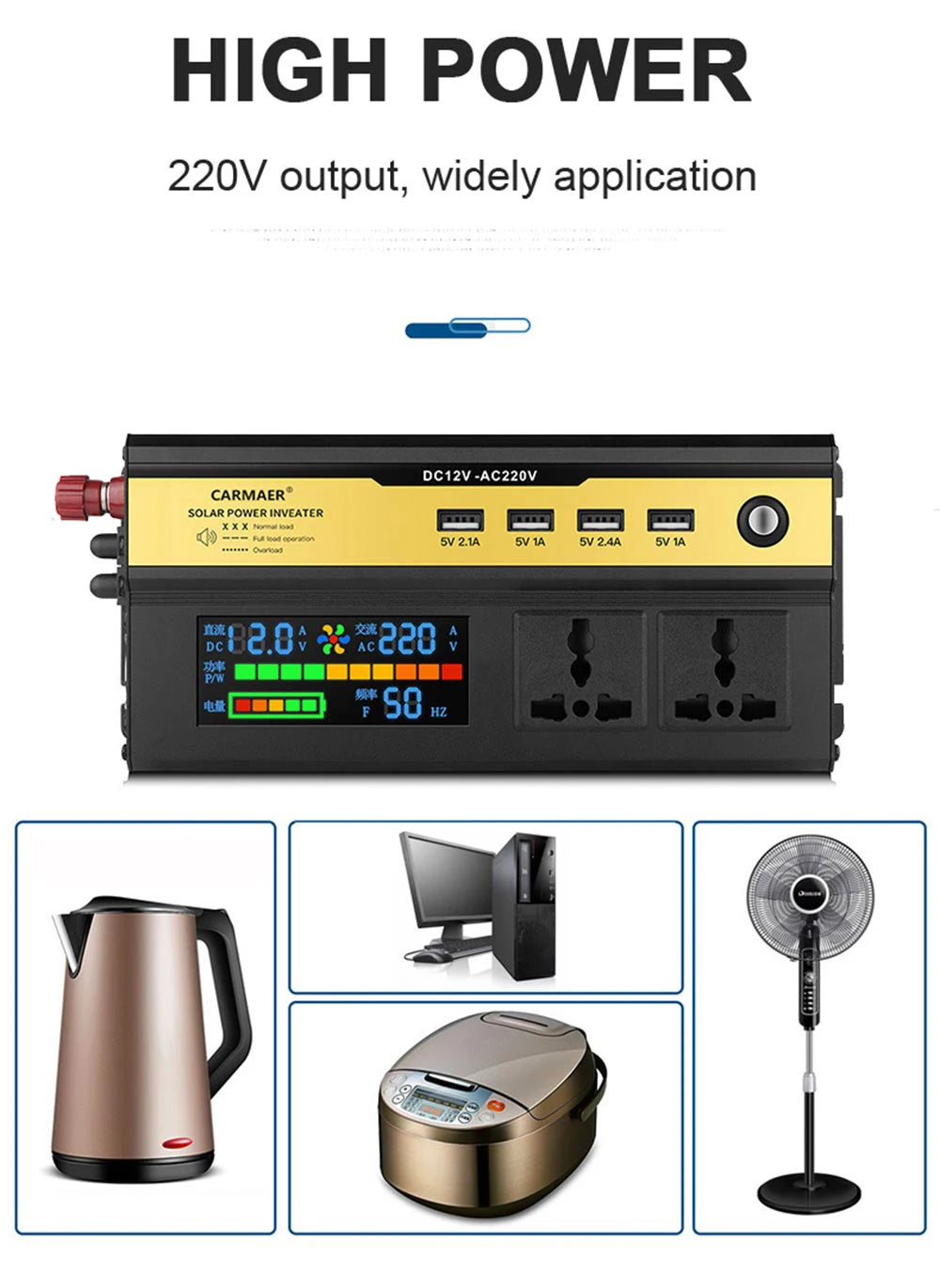 Powerful inverter with 220V output for solar power and car charging, with DC input range and USB charging.