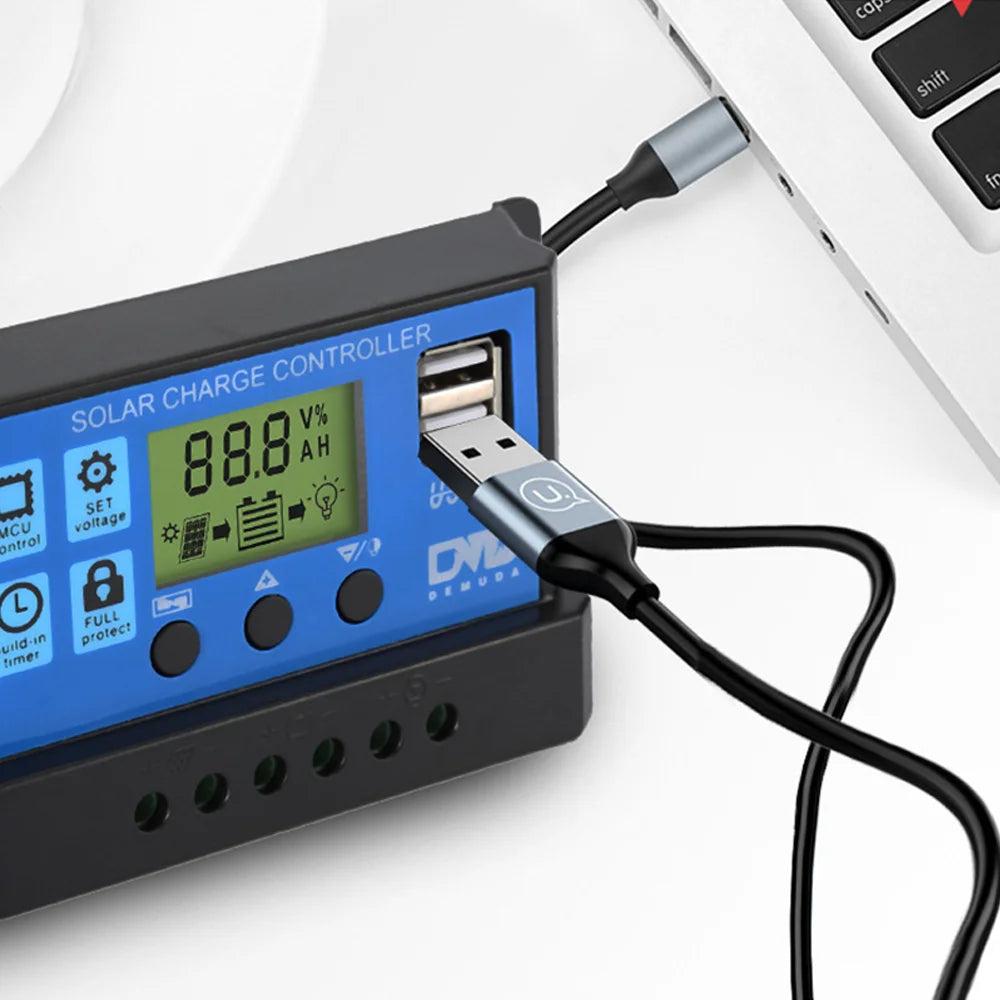 Solar controller for charging solar power or batteries with full functions and dual USB output.