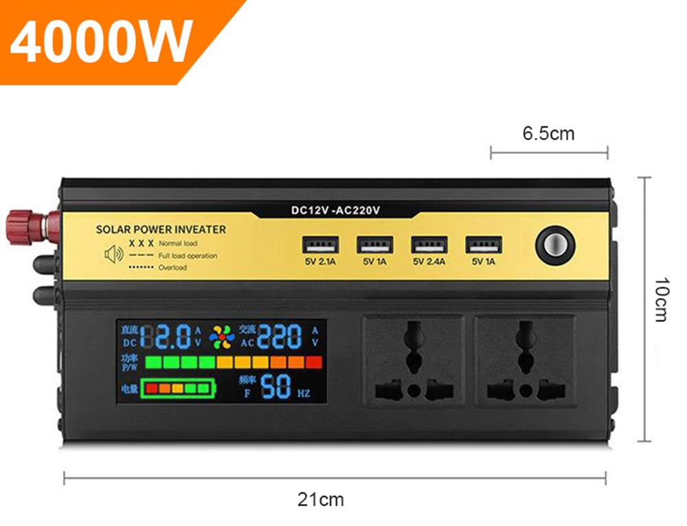 DC/AC Inverter with pure sine wave output, 12V input, and 220V AC output, suitable for portable power applications.