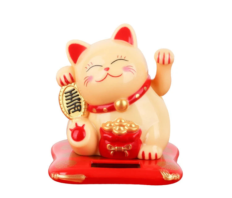 Solar Powered Maneki Neko Lucky Cat, Solar-powered lucky cat from Mainland China, made of plastic, measures 7x6.5x7.5cm, with eco-friendly design.